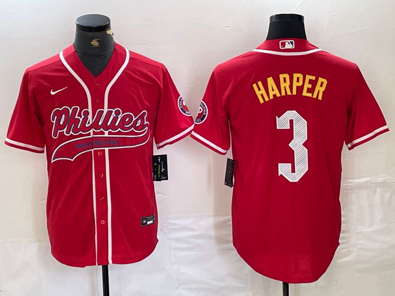 Men Philadelphia Phillies 3 Harper Red Jointly Nike 2024 MLB Jersey style 1